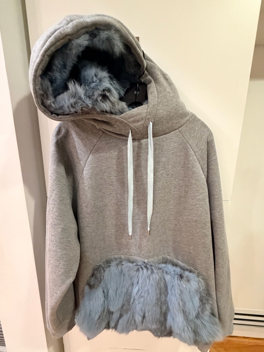Jocelyn Grey Rabbit Fur Trim Oversized Hoodie Size S